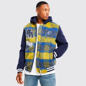 Men’s Plaid Hooded Varsity Letterman Jacket