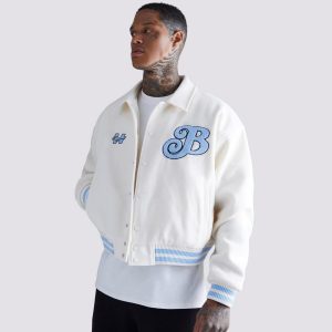 Men’s White Embroidered Varsity Letterman Jacket