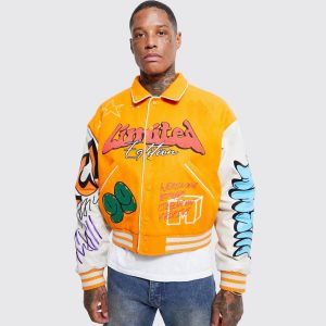 Men’s Orange Graphic Varsity Bomber Jacket