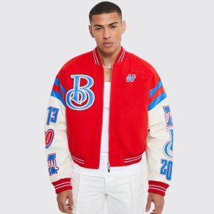 Men’s Red & White Graphic Varsity Letterman Jacket