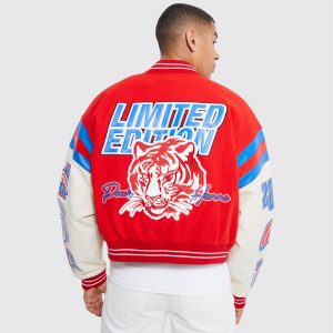 Men’s Red & White Graphic Varsity Letterman Jacket